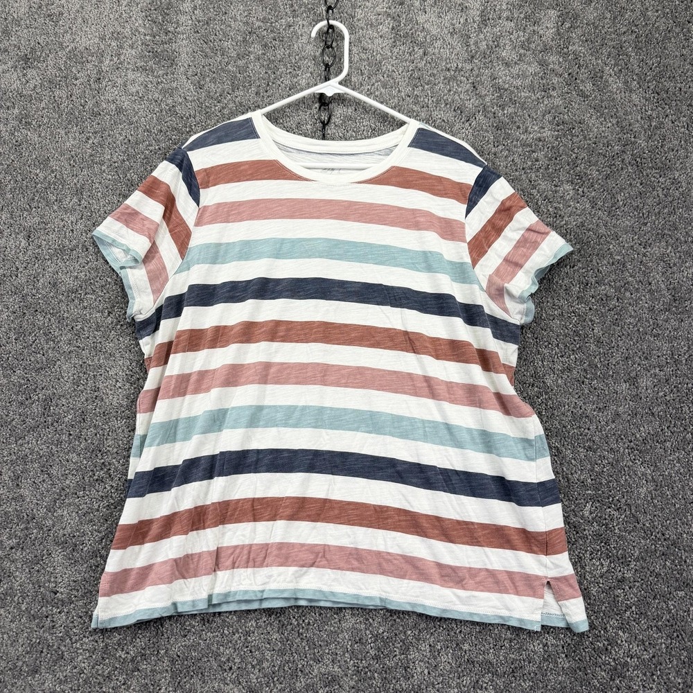 24/7 Shirt Womens 2X Multicolor Striped Short Sleeve Jersey Crew Neck Casual Top